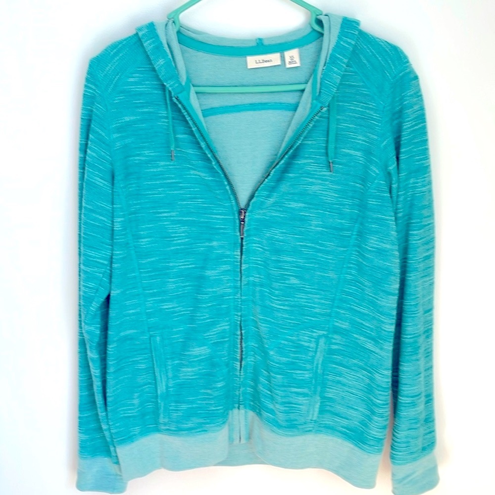 L.L.Bean women’s XS 💯% cotton full zip green tweedish print hoodie jacket